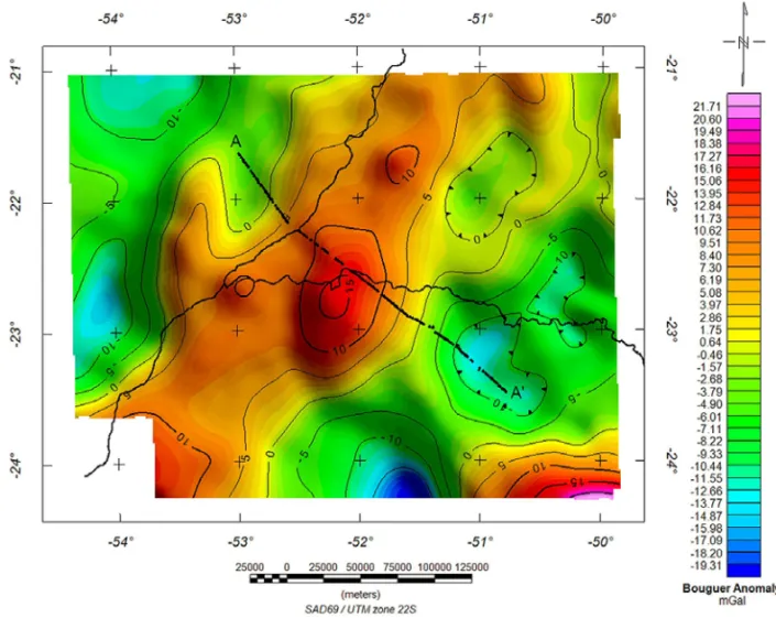 Figure 3 – Bouguer anomaly map and MT-profile.