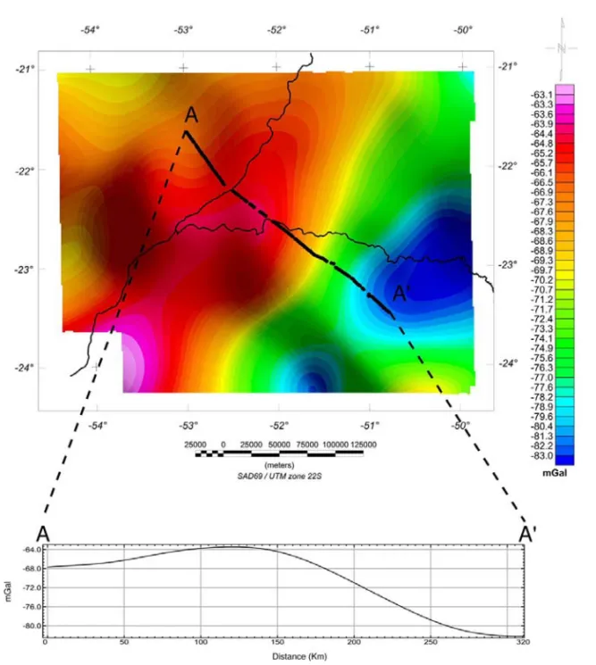 Figure 5 – Bouguer anomaly map of a 40 km upward continuation cutoff. And above the dotted line the A-A’ sample profile.