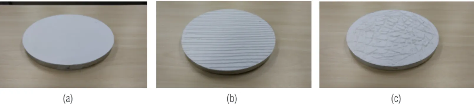 Figure 2 – Plaster surfaces used in the experiment. (a) S1, flat and silky; (b) S2, with nearly parallel grooves; (c) S3, with random grooves.