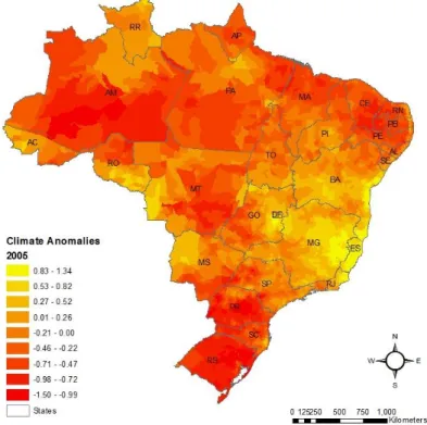 Figure 1 presents the spatial pattern of climate anomalies among Brazilian municipalities for 2005
