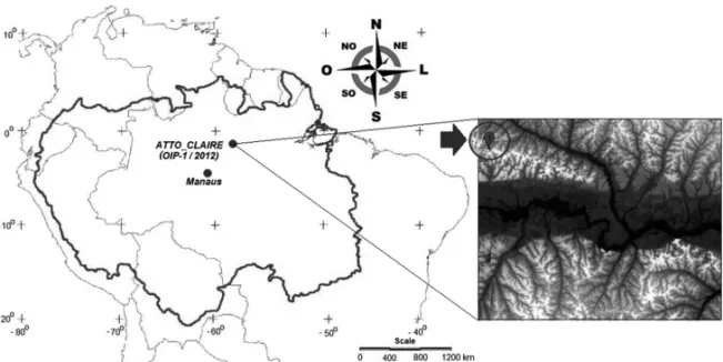 Figure 3 – ATTO-CLAIRE (IOP-1/2012) experimental site plateau located in the Sustainable Development Reserve of Uatum˜a, in the Amazon basin, AM (surrounded)