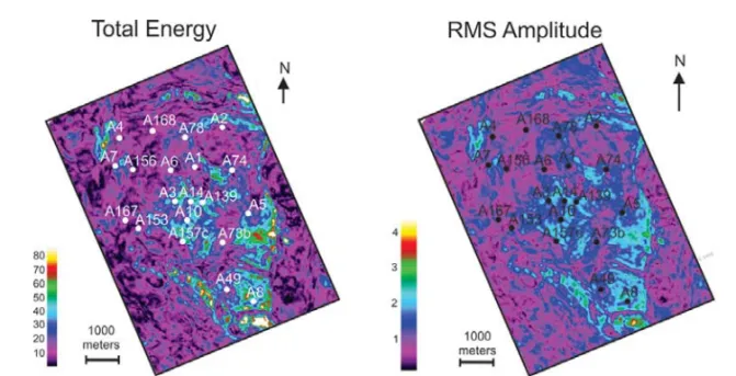 Figure 13 – Attribute map of Total Energy calculated in the reservoir R1 showing amplitude anomalies associated to the reservoir facies in the structural central high, and RMS Amplitude attribute presenting the same anomaly in green and blue