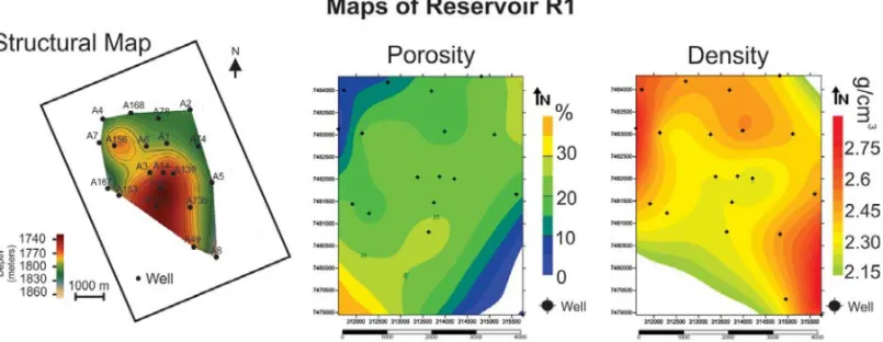 Figure 8 – Structural map based on well data and isoproperties maps of the reservoir R1
