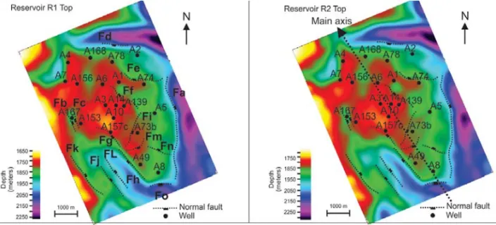 Figure 11 – Structural maps of the reservoirs R1 and R2 top.