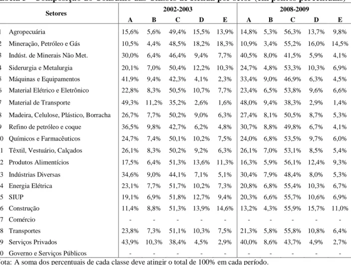 Tabela 3 - Composição do Consumo das Classes de Renda por setor (em pontos percentuais) 