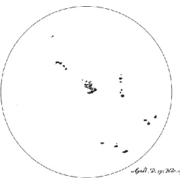 Figura 5 – Publicação de Galileu de 1613 mostra o disco solar com manchas  solares. 