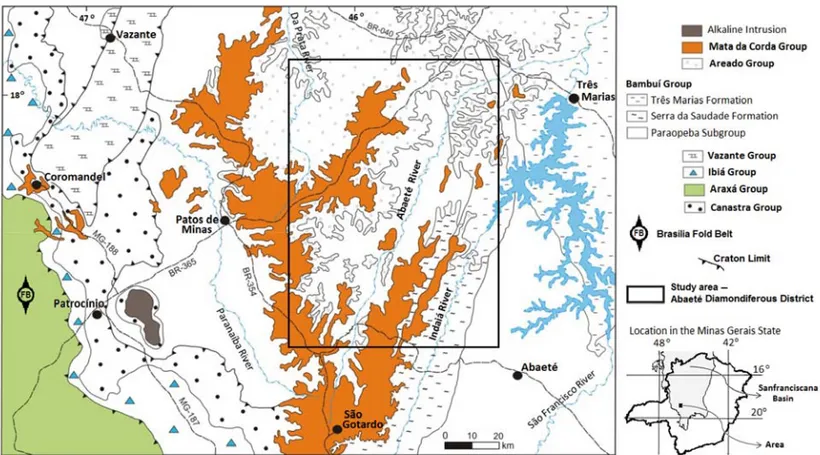 Figure 1 – The study area, Abaet´e Diamondiferous District (Minas Gerais, Brazil), is located on the east of the Bras´ılia Fold Belt, Sanfranciscana Basin (adapted from Heineck et al., 2003).