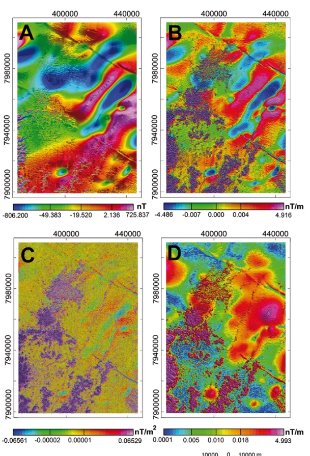 Figure 2 – (A) Anomalous Magnetic Field Map; (B) First Vertical Derivative Map; (C) Second Vertical Derivative Map and (D) Analytical Signal Map.