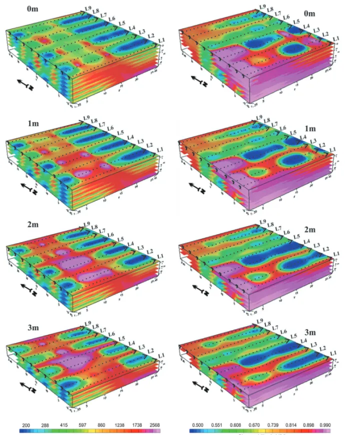 Figure 4 – 3D models for the resistivity and chargeability for several depths.