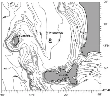 Figure 1 – Sea trial site: “VA” indicates the position of the vertical array and the source position is represented by an asterisk (adapted from Gingras, 1994).