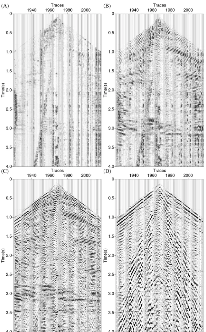 Figure 3 – Four of the eight decomposed shot gathers using the adaptive binomial decomposition method