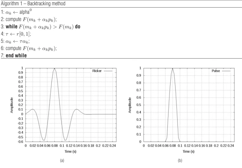 Figure 1 – Source signatures used in the inversion procedure: (a) Ricker; (b) Pulse.