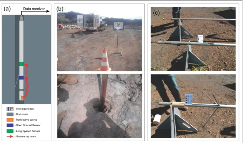 Figure 2 – a) Schematic layout of a gamma-gamma well logging probe operating in the borehole