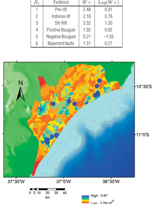 Table 2 – Weights of evidences calculated for the exploratory evidence evaluation in Sergipe-Alagoas basin with 70%