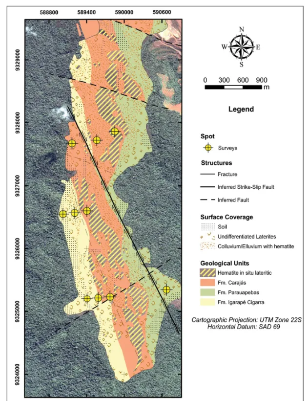 Figure 2 – Geological map of the N4WS body, focusing on lithotypes described in the plateaus of the Serra Norte