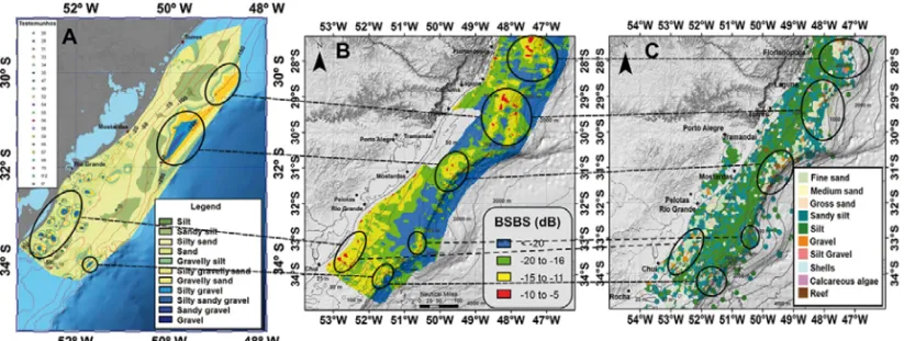 Figure 7 – Sedimentological chart provided by LOG – IO/FURG (A); BSBS map generated on this study (B); Sedimentological chart generated by Dias et al
