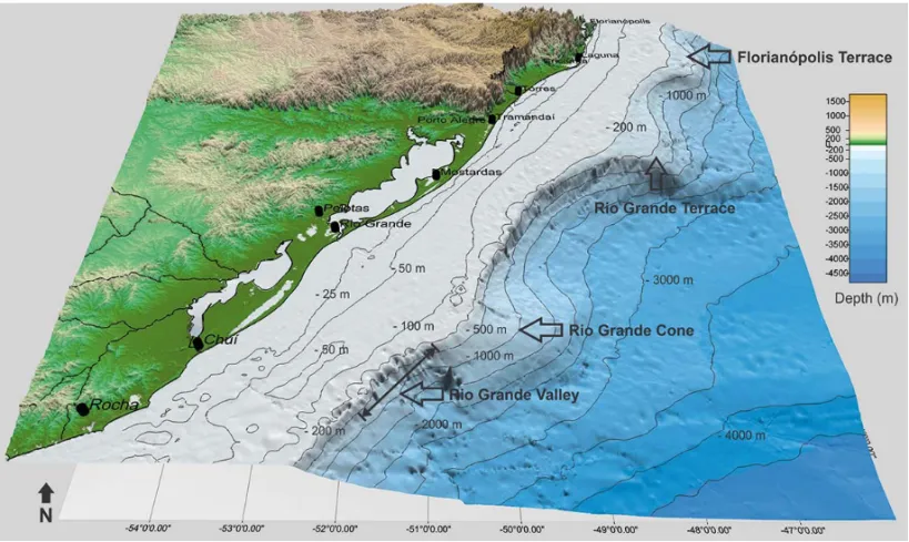 Figure 2 – 3D bathymetric map overview, with thirty times vertical exaggeration, highlighting the main bottom features.