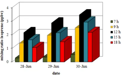Figure 2 - Mixing ratio of isoprene at each time of collection during the second intensive  campaign (2011) in Fibria