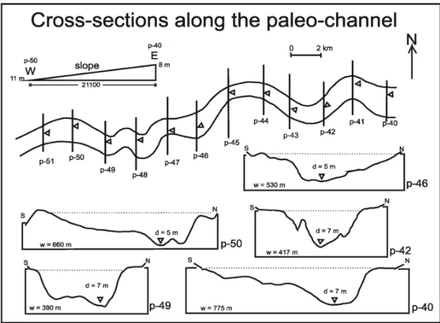 Figure 13 – Seismic profiles crossing the paleo-channel. Lower inserts represent the bottom morphology of the paleo-channel and values of depth and width obtained from seismic records of profiles 40, 42, 46, 49, and 50