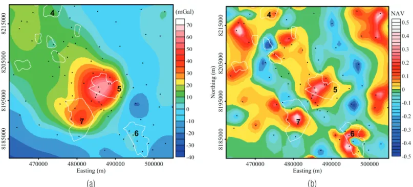Figure 5 – The local Bouguer anomaly map (a) of the black square in Figure 4 and its source edge detection (b).
