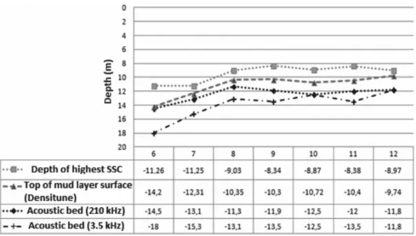 Figure 5 – Depths measured by the different methods at the stations with presence of fluid mud: acoustical depths (3.5 kHz and 210 kHz signals), depth of the top of fluid mud layer identified by densimetry, and the depth with highest suspended particulate 