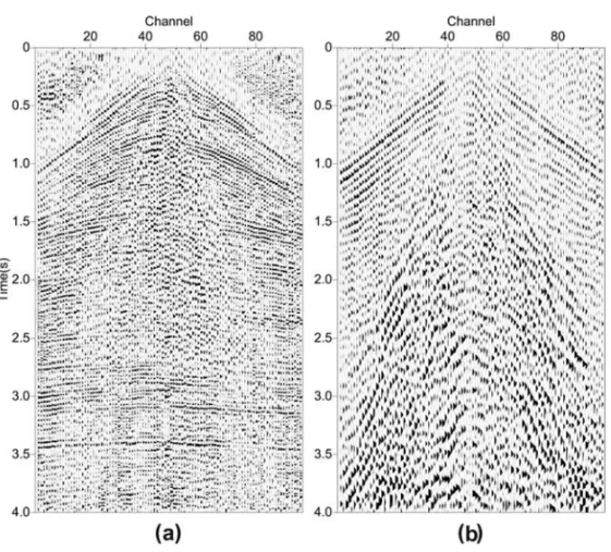 Figure 4 – Results of the adaptive SVD filtering in f-k domain of a shot-gather in Figure 2a