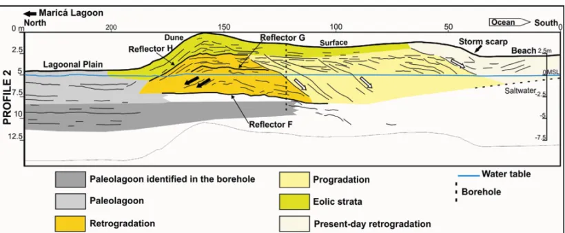 Figure 10 – Depositional architecture of the Holocene barrier-lagoon system (based mainly on Profile 2).