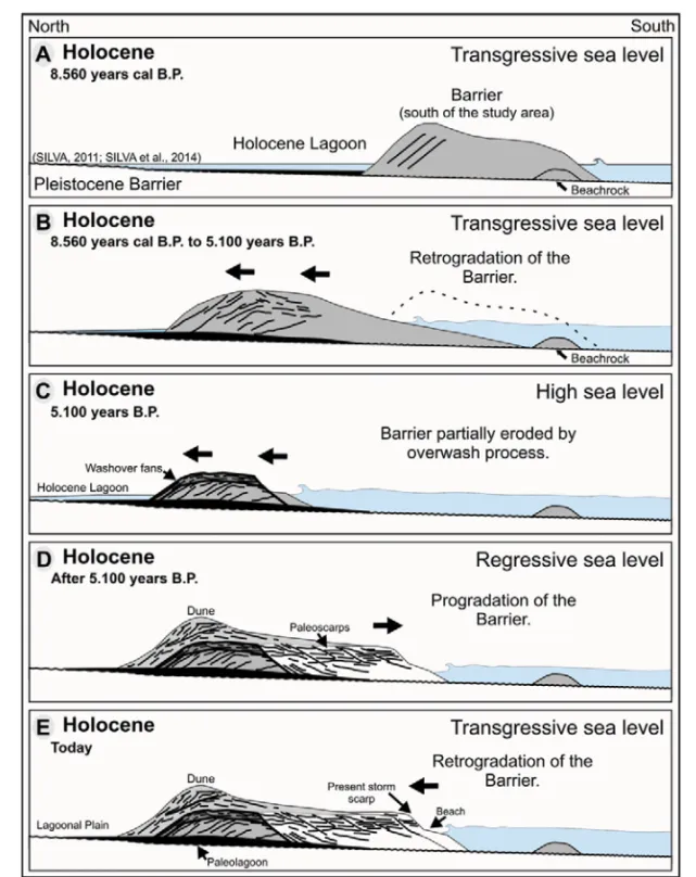 Figure 11 – Proposed model for the evolution of the barrier-lagoon system of Maric´a (RJ).