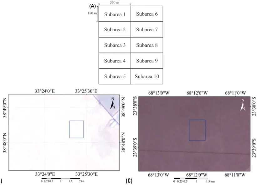 Figure 3 – (A) The spatial localization of the specific area evaluated in (B) the Tuz G¨ol¨u and (C) Atacama Desert.