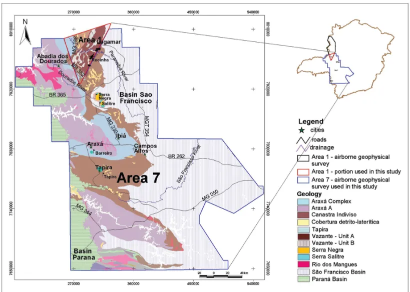 Figure 1 – Geological map of Alto do Parana´ıba Province (Bizzi et al., 2003) showing the project areas 1 and 7 of the Airborne Geophysical Survey Program of Minas Gerais