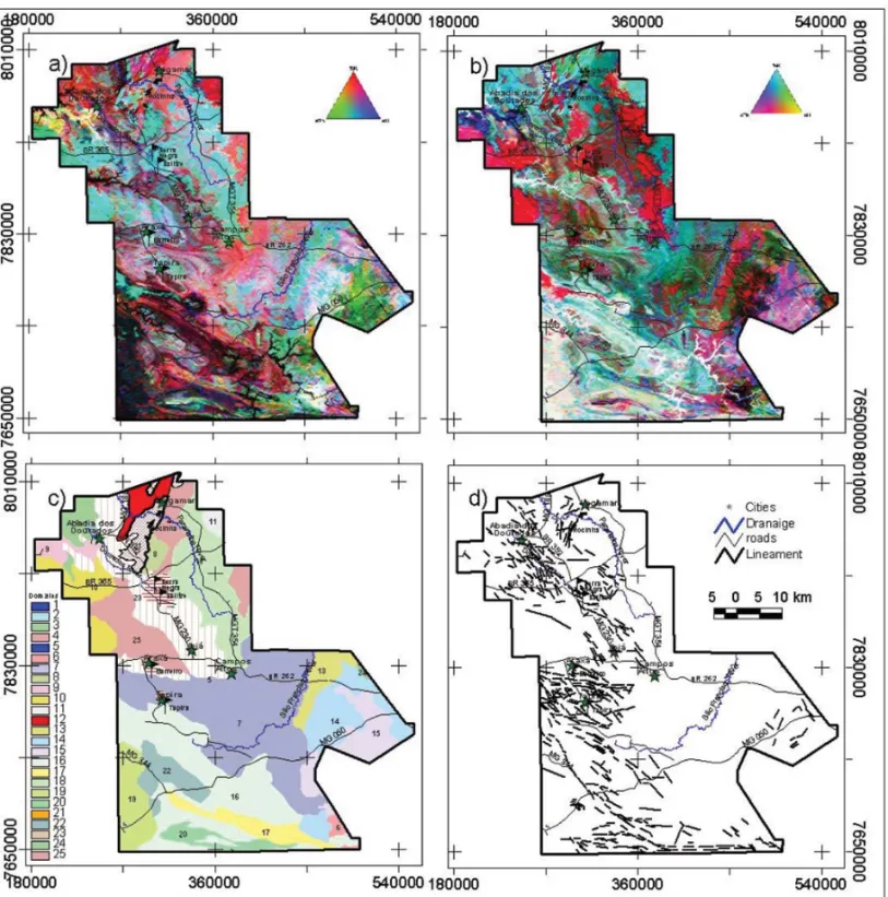 Figure 5 – Maps of (a) RGB composite for (K-eTh-eU); (b) CMY composite for (K-eTh-eU); (c) gamma ray spectrometric domains; and (d) lineaments obtained from gamma RGB and CMY composite.