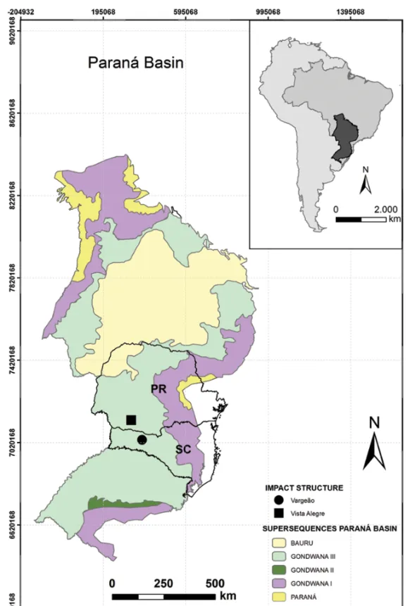 Figure 1 – Geological map of the Paran´a Basin. Varge˜ao and Vista Alegre impact structures are located in the states of Santa Catarina and Paran´a, respectively (Milani et al., 1998).