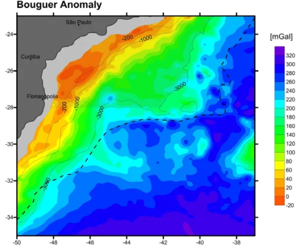 Figure 1 – Bouguer anomaly. The hatched regions (continuous and dotted lines) represent, respectively, the Santos Basin re- re-gion, defined by Moreira et al