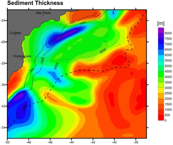 Figure 2 – Sediment thickness model obtained by NGDC. The hatched region is the Santos Basin area