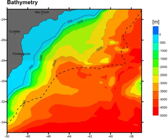 Figure 3 – Bathymetric data provided by GEBCO (2010). The hatched region is the Santos Basin area