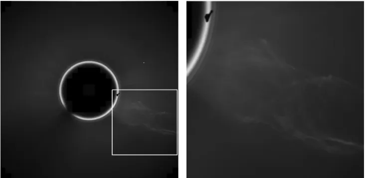Figure 5 – Left: original image to be treated. Right: zoom in on the region containing the plasma structure (bounded by the white square).
