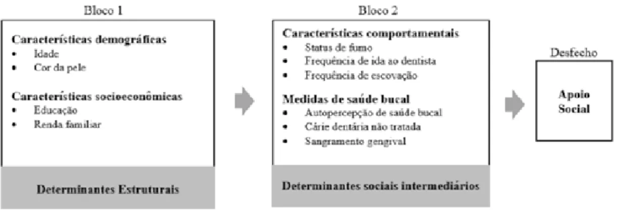 Figura 1. Modelo teórico para o estudo dos diferentes determinantes do apoio social em gestantes, adaptado da Organização Mundial da  Saúde (2010) 17 .