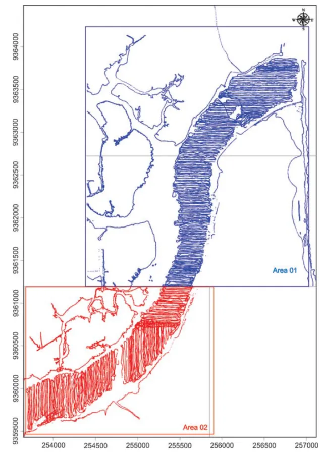 Figure 2 – Map of sampling points and the position of the modeled sub-areas of the Potengi River.