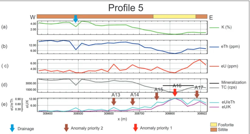 Figure 9 – Profiles of radioelement values of K (a), eTh (b), eU (c) and total count (d) acquired in the field, and eU/eTh and eU/K ratios (e) for Profile 5