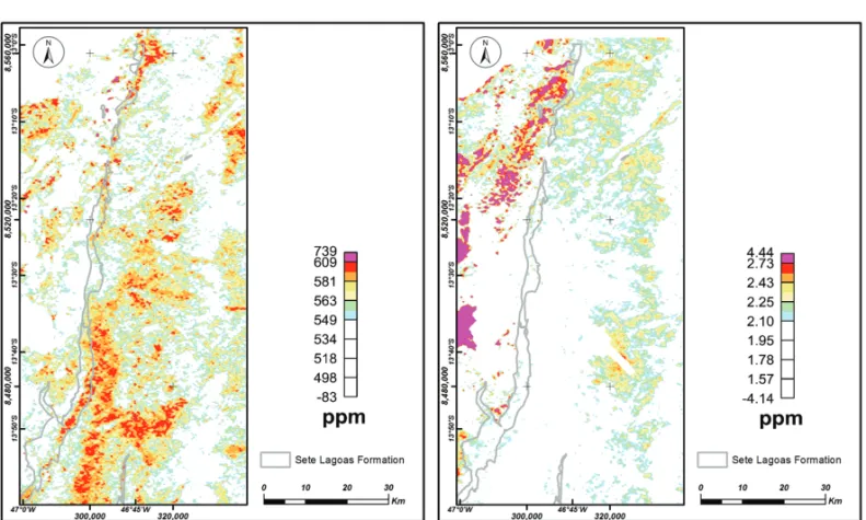 Figure 2 – a) Map of Phosphrous estimates in ppm, results from linear regression equation of P related to eU, K, eTh, eU/eTh, eU/K, eTh/K and ASA.