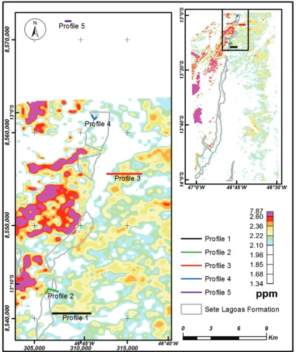 Figure 3 – Map of uranium estimates and geochemical points with P content over 600 ppm, and the localization of the 5 ground profiles of gamma ray acquisition