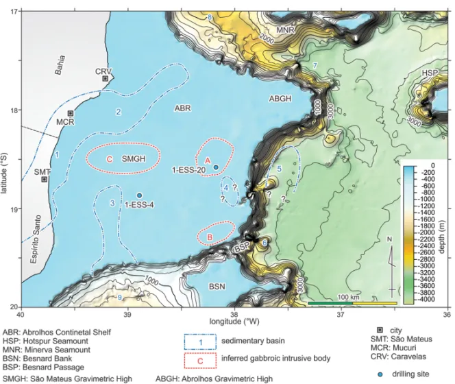 Figure 3 – Resolution comparison of the bathymetric maps for the central part of Vit´oria-Trindade Seamount chain, offshore of State of Esp´ırito Santo, Brazil (Motoki et al., 2012): A) Digital Atlas of GEBCO 1997 based on ship-borne bathymetry; B) Satelli