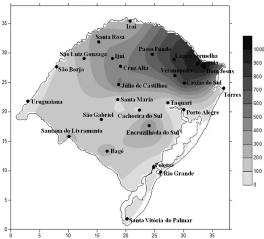 Figure 1 – Spatial distribution and altitude (grey scale) of the meteorological stations of the state of the RS used in this paper.
