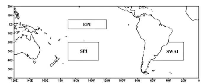Figure 2 – Spatial domain of the used data, indicating the SST time series regions for the index calculus.