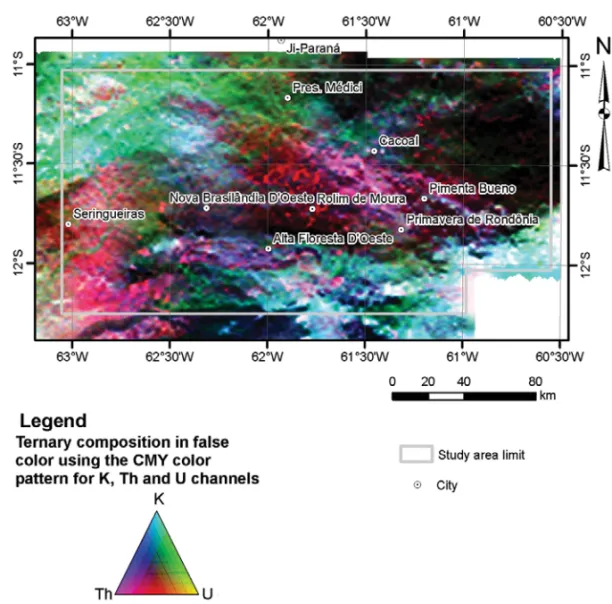 Figure 3 – Ternary composition in false color using the CMY color pattern for K, Th and U channels