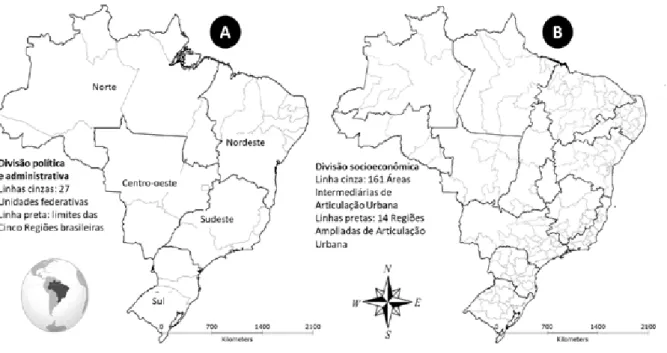 Figura 1. Divisão territorial brasileira. Em “A”, a divisão política e administrativa do país