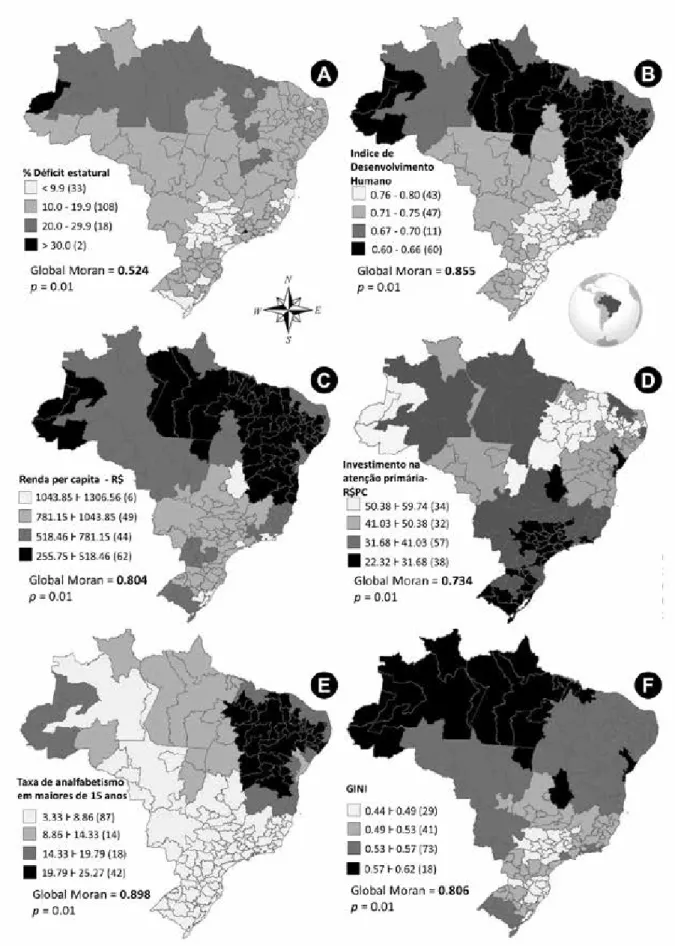 Figura 2. Mapas com a distribuição espacial das variáveis: dependente (A) e independentes (B a F)