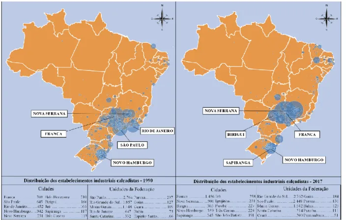 Figura 1 – Distribuição espacial no Brasil de estabelecimentos da indústria de calçados (1990 e 2017) 
