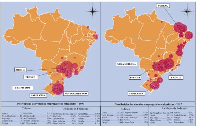 Figura 2 – Distribuição espacial no Brasil de vínculos empregatícios da indústria de calçados (1990 e 2017)    