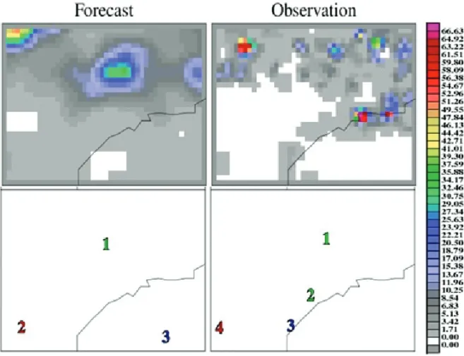 Figure 2 – Spatial field of 24-h accumulated rainfall (mm) simulated by the GFS, in 36-h forecast (left); observed by MERGE (right), of 1 April 2010, both with spatial grids resolution and domain considered in MODE with a horizontal spatial resolution of 0